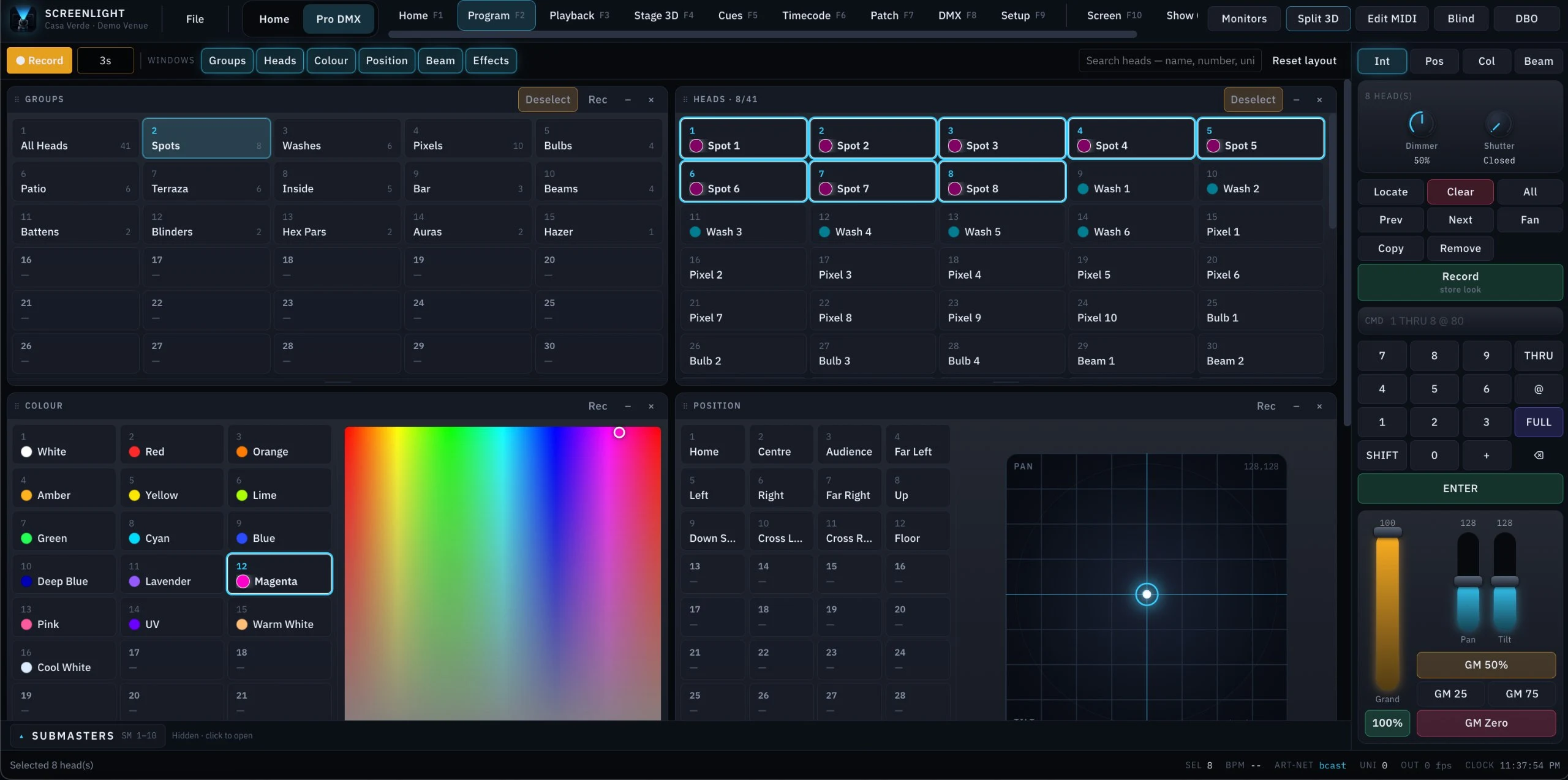 ScreenLight Program: Groups and Heads windows above the Colour palette with its picker and the Position palette with a pan and tilt pad, and the encoder rail, command keypad and Grand Master on the right.