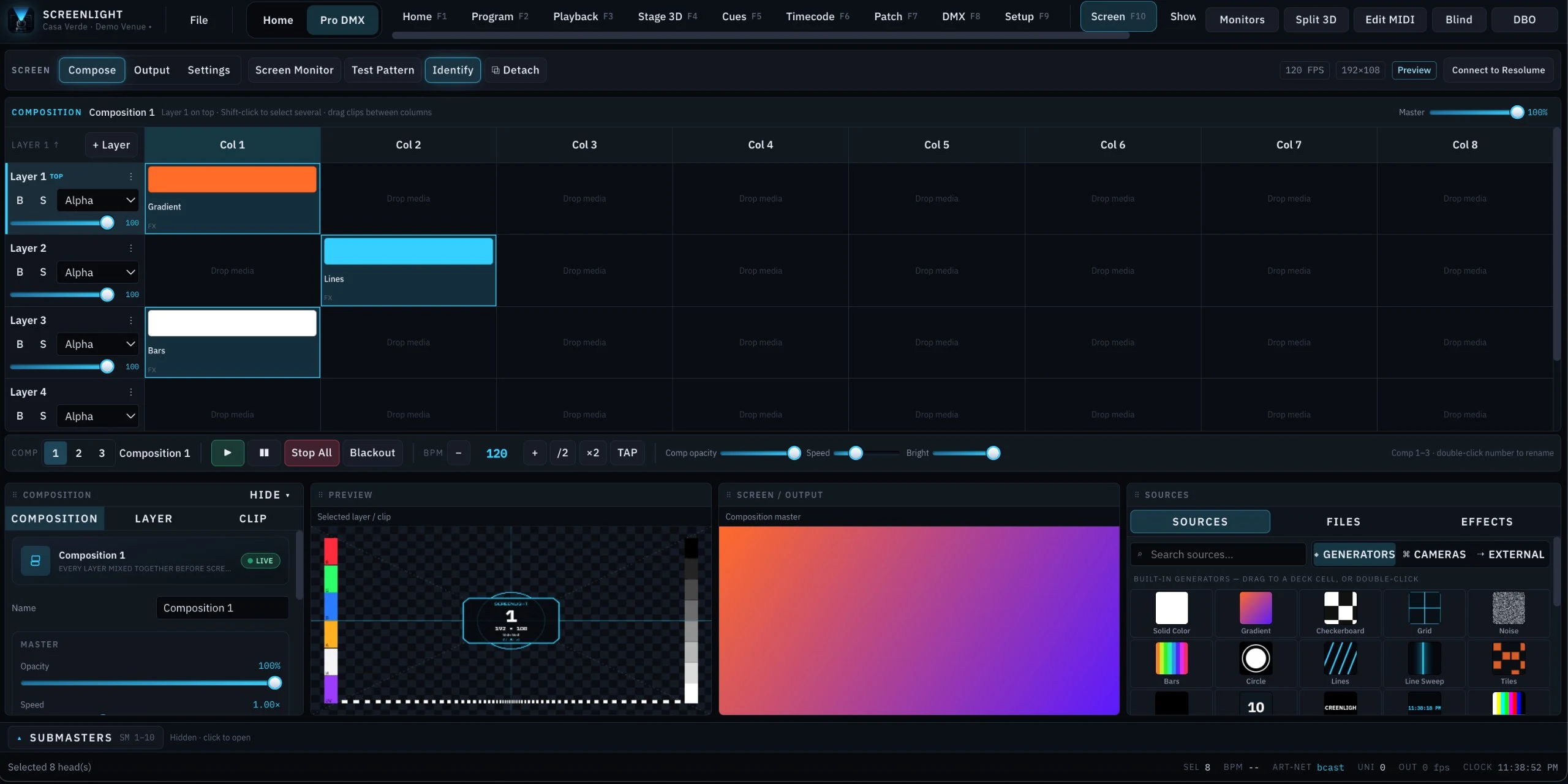 ScreenLight Screen module in Compose: four layers across eight columns with clips loaded on layers one to three, a transport bar with BPM and tap, and Composition, Preview, Screen output and Sources panels below.