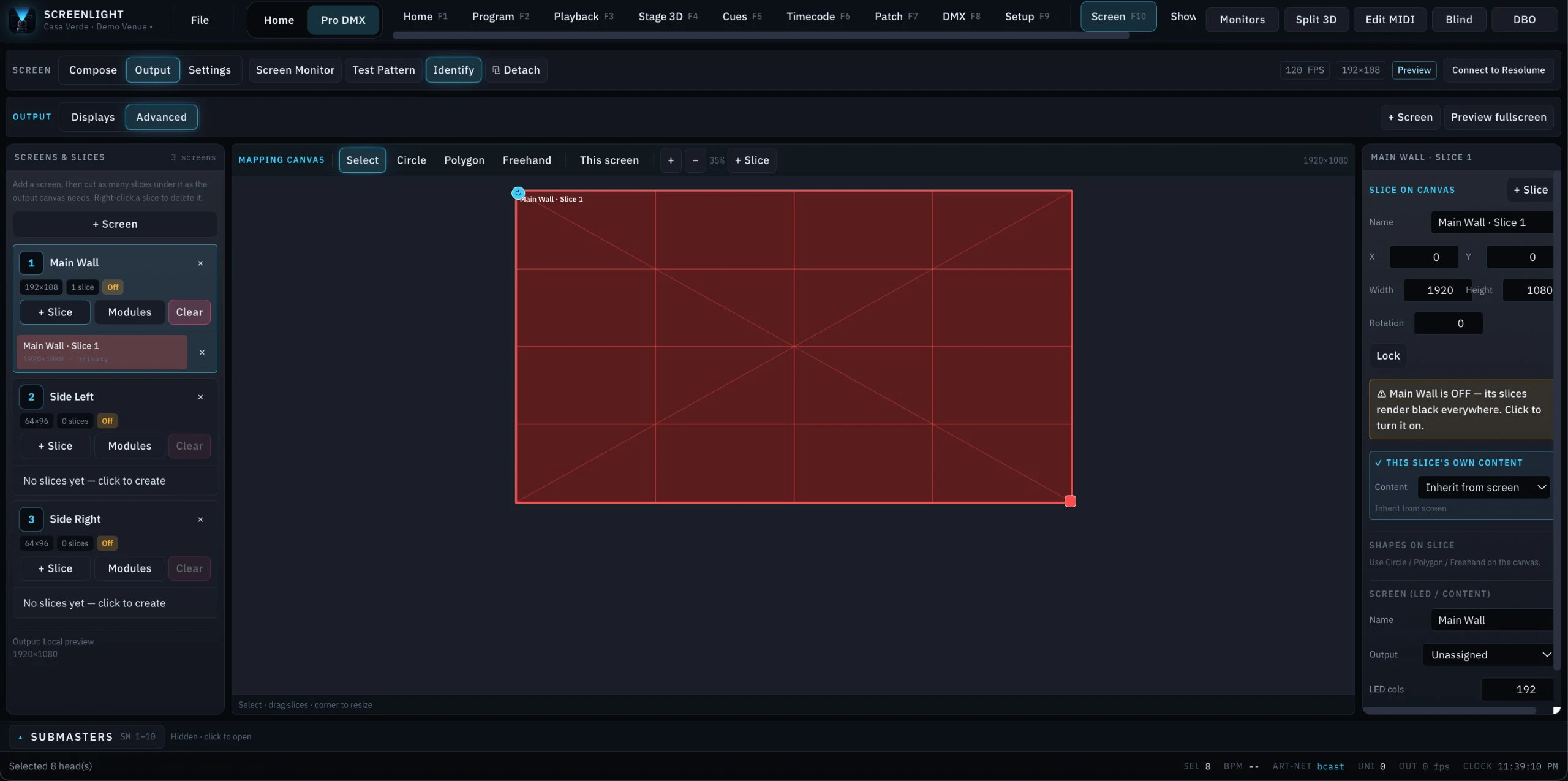 ScreenLight Screen output in Advanced mode: a mapping canvas with select, circle, polygon and freehand tools, a slice selected at 1920 by 1080, and a screens-and-slices list showing a main wall and two side screens.