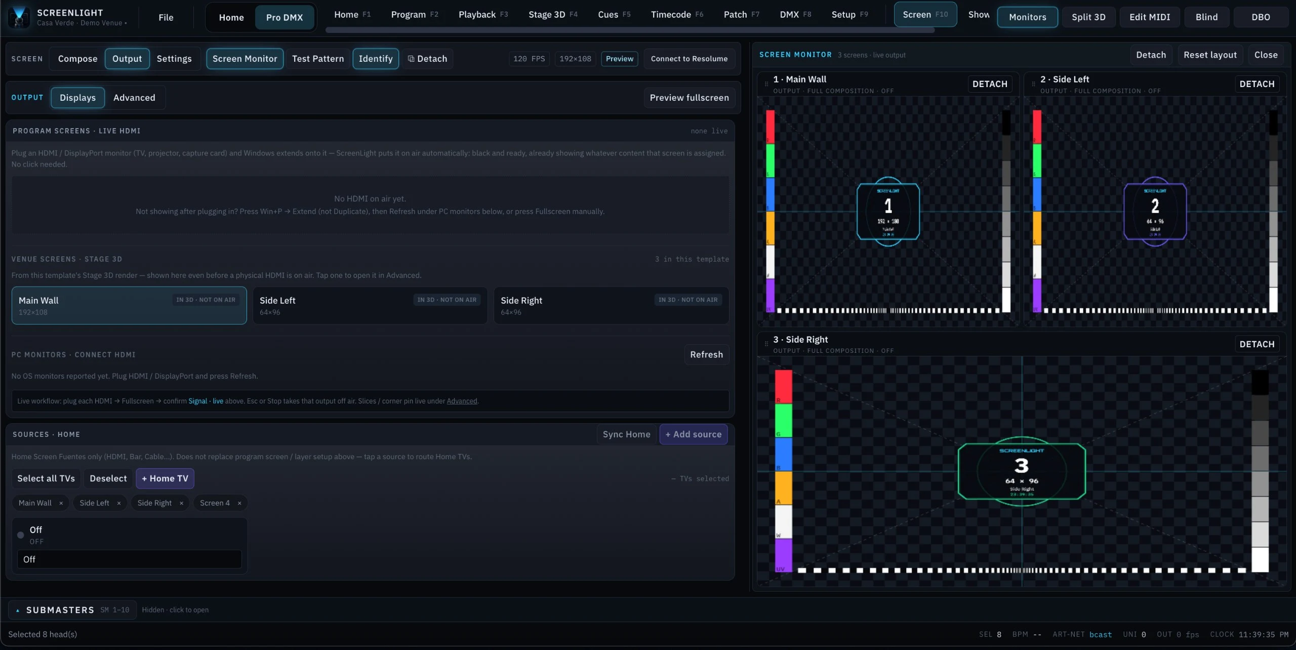 ScreenLight Screen output: a Displays page explaining that a plugged-in HDMI monitor goes on air automatically, the three venue screens listed from the Stage 3D render, and a Screen Monitor showing all three outputs live with test patterns and identify overlays.