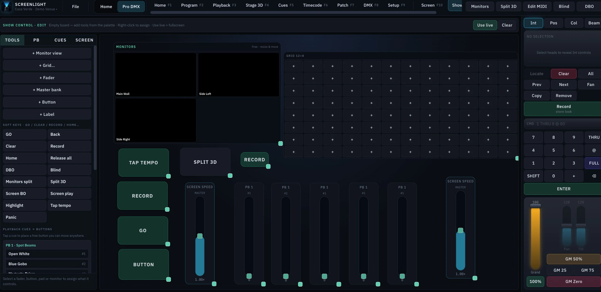 ScreenLight Show Control in edit mode: a tools palette of faders, buttons, grids and monitor views on the left, and a board being assembled with live screen monitors, tap tempo, record and GO buttons, a 12 by 8 grid and a row of faders.