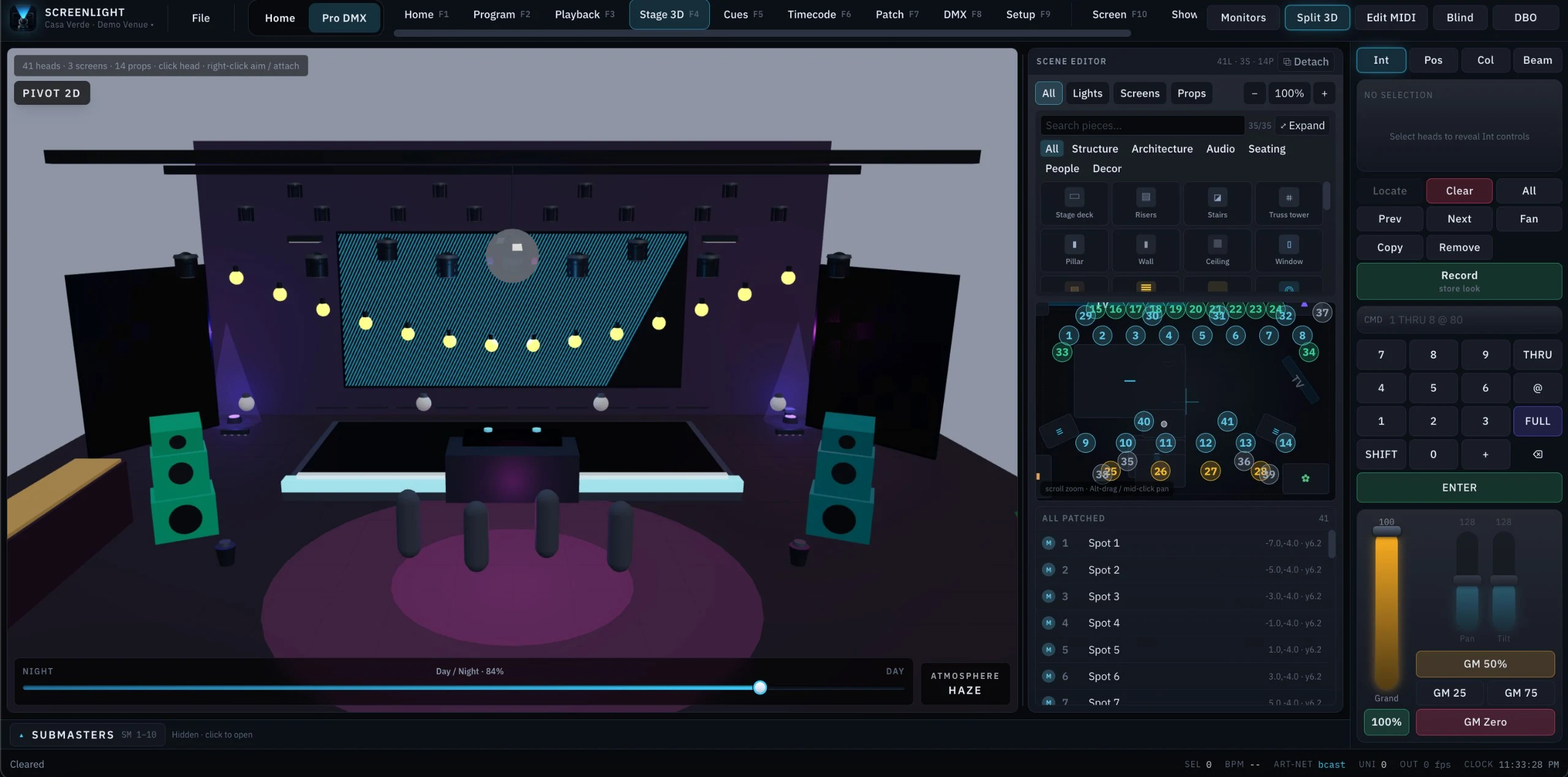 ScreenLight Stage 3D with the fixtures parked dark, showing the Scene Editor library of venue pieces — stage deck, risers, stairs, truss tower, pillar, wall, ceiling, window — over a Pivot 2D plan of numbered fixture positions and the full patched-head list with coordinates.