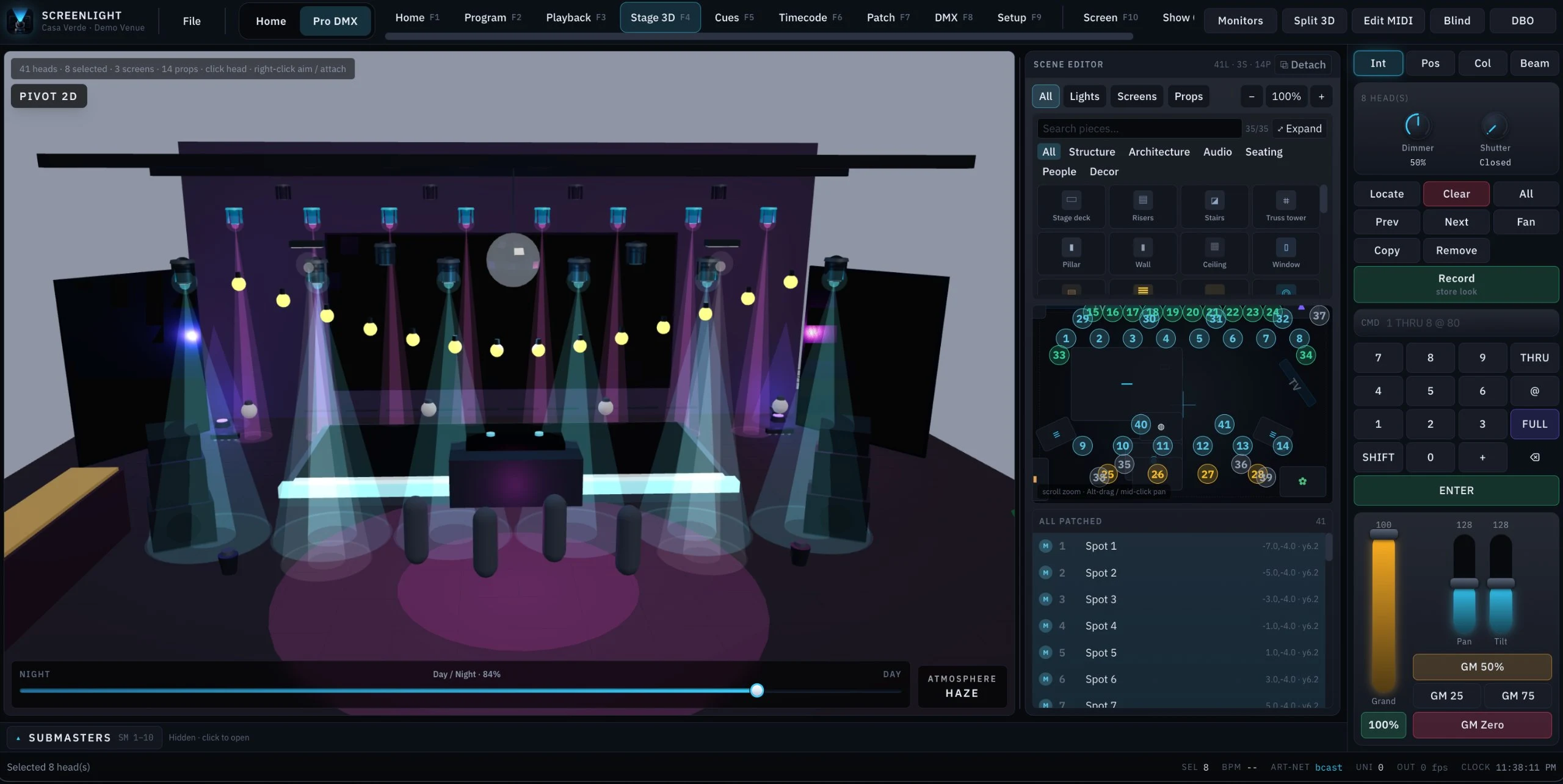 ScreenLight Stage 3D: a modelled venue with forty-one heads, three screens and fourteen props, eight spots selected and their beams cutting through haze onto the deck, with the scene editor and the encoder rail alongside.