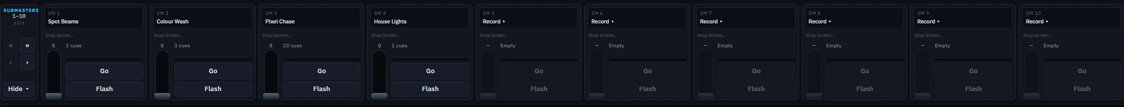 ScreenLight submaster bank: ten submasters with Go and Flash, beside the Grand Master with fixed 0, 25, 50 and 75 percent marks.